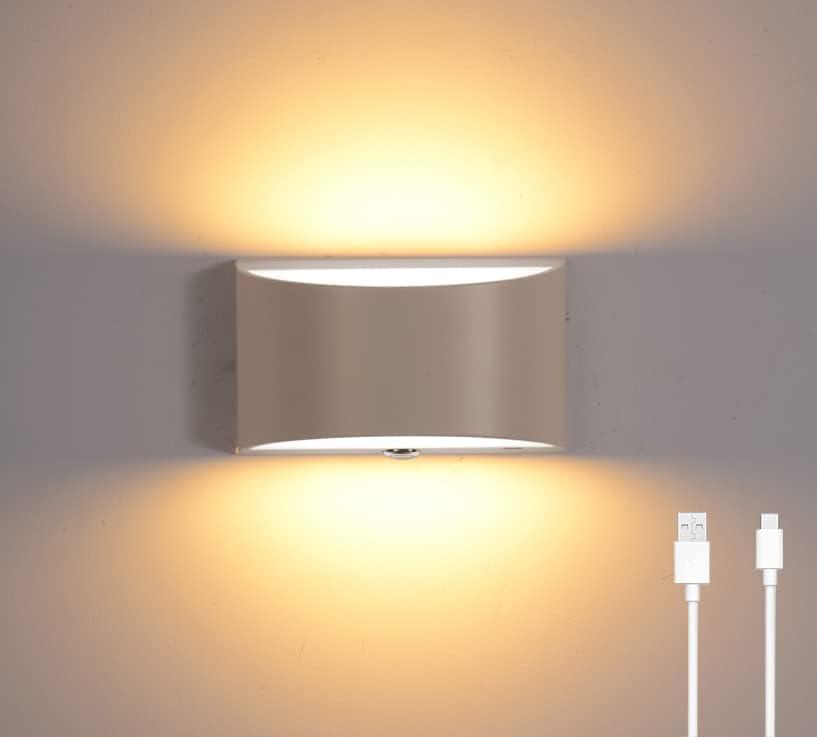 LED Wall Sconce, Dimmable Wall Light with Rechargeable Battery Operated USB, Touch Control, Up Down Wall Mount Lamp for Bedroom Hallway Living Room (White, 3000K)