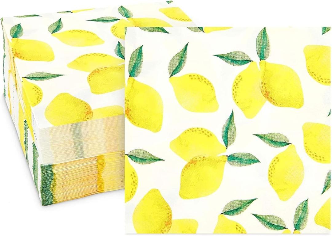 100 Pack Lemon Cocktail Napkins, 5x5 inch Fruit Party Napkin, Summer Party Decorations, Accessories for Themed Events and Celebrations