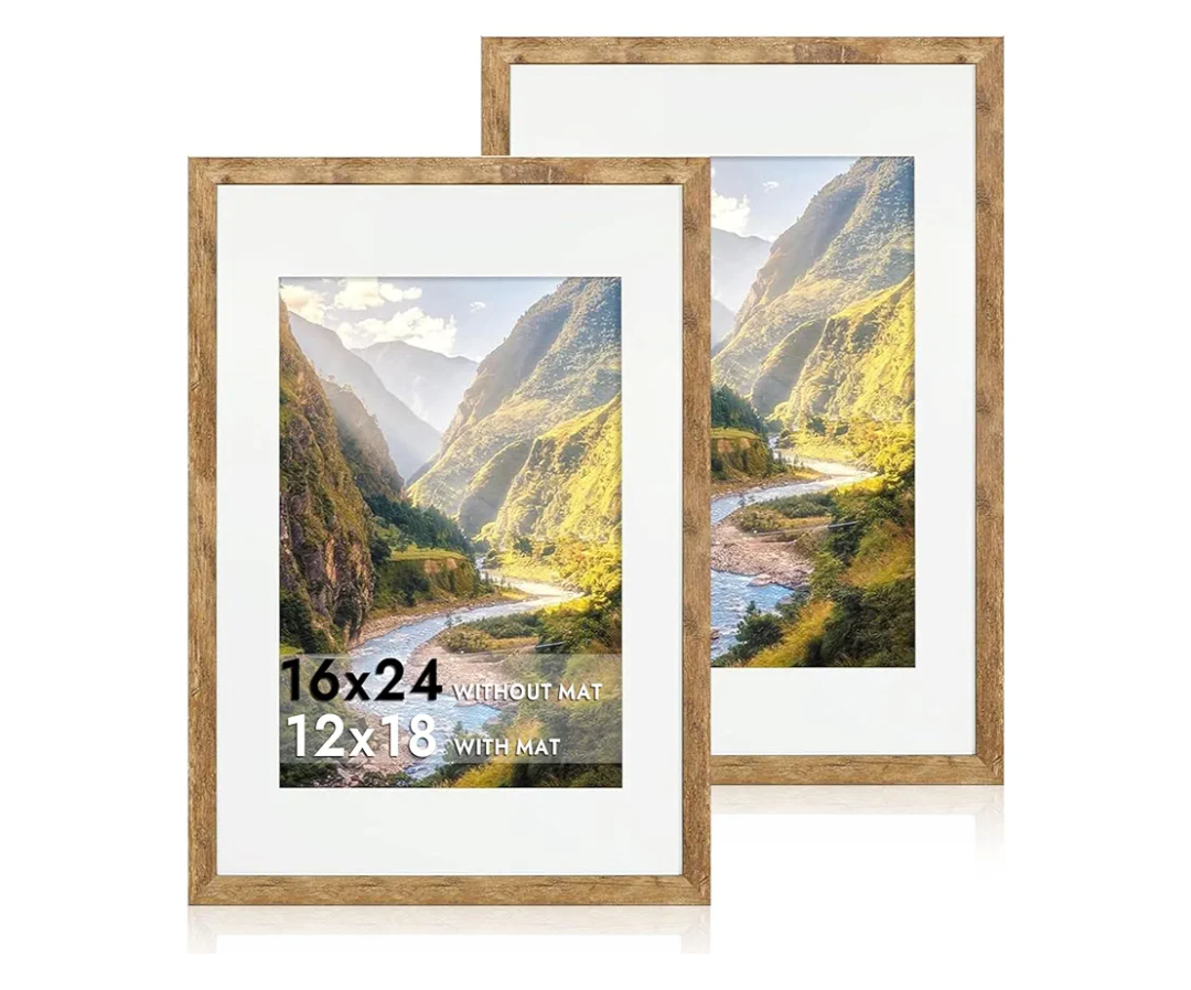 16x24 Picture Frame Set of 2 with Plexiglass, Display 12x18 Picture with Mat or 16 x 24 Without Mat, Rustic Brown Wood Poster Frame for Photo Wall Gallery Mounting Horizontal and Vertical