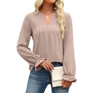 ANRABESS Women's Dressy Casual Blouses V Neck Long Sleeve 2025 Fall Loose Fit Tunic Tops Pleated T Shirts Trendy Outfits, L (Apricot)