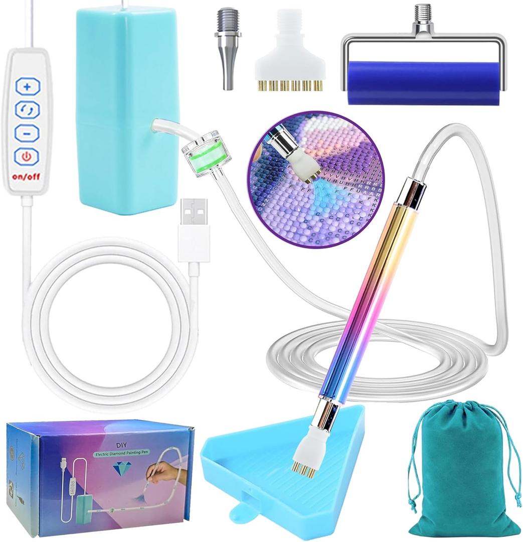 Diamond Art Painting Vacuum Pen Kit, Electric Diamond Art Pen with Screw Multiplacers, Roller, Storage Tray, No Wax Needed Diamond Art Accessories DIY 5D Art Craft Jewelry Bead Rhinestones (Blue)