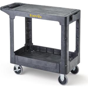 ELAFROS Heavy Duty Plastic Utility Cart Flat top 37 x 18.8 Inch - Work Cart Flat Shelves and 2 Swivel 2 Fixed Wheels Safely Holds up to 550 lbs - 2 Tier Service Cart Mail cart, Gray