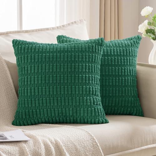 JELLYMONI 2 PCS Throw Pillow Covers, Corduroy Striped Decorative Pillows Cover for Farmhouse Boho Home Decor, Living Room Bed Sofa Couch Pillow Covers 16x16in, Green Set of 2 16x16 in