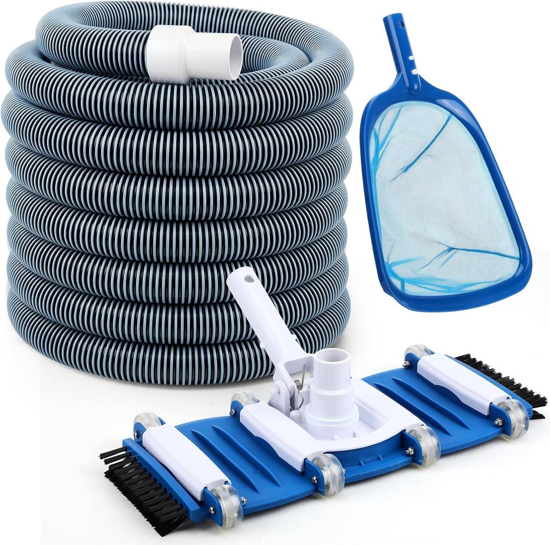 3 Pcs Pool Vacuum Kit Manual Vacuum Head with 1-1/2" x 18ft Hoses and Skimmer Net Flexible Head with Side Brushes and Wheels, Maintenance Accessories for Above Ground Inground Pool Cleaning