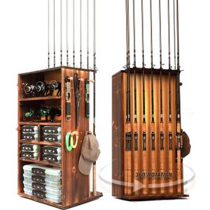 Ghosthorn Fishing Rod Holders for Garage Storage up to 10 Rods or Combos Fishing Pole Holders 360 Rotating Rod Rack Fishing Gear Equipment Tackle Organizer Wood Floor Stand for Men Women