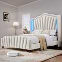 DWVO Queen Size Platform Bed Frame with 60" Tall Wingback Headboard and Footboard, Velvet Upholstered Bed with LED Light, Solid Wood Leg, No Box Spring Needed, Easy Assembly, Beige