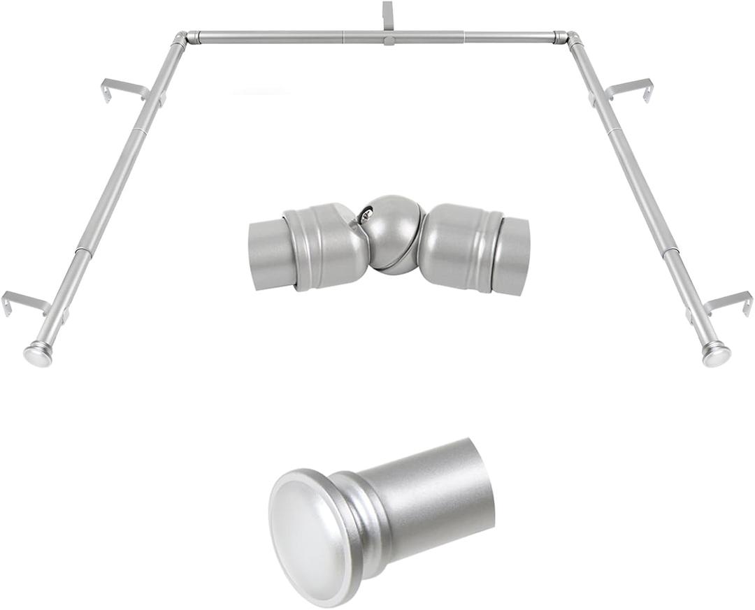 TONIAL Bay Window Curtain Rods, 32 to 86 Inch Center Rod for Windows, 20 to 84 Inch Side Rods for Window 3/4 Inch Decoratice Drapery Rods with Small Cap End, Silver