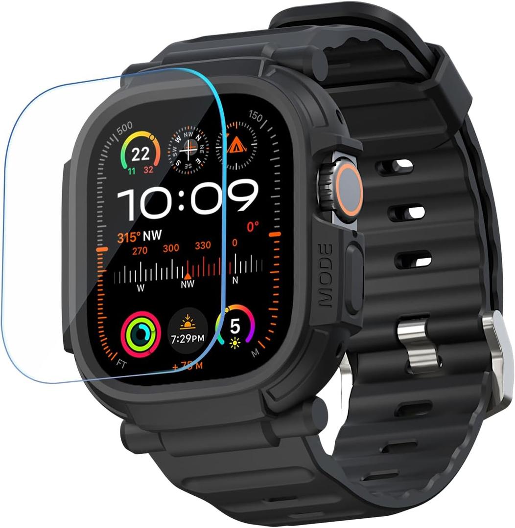 elkson Made for Apple Watch Ultra 2 1 Bumper Case Band 49mm Screen Protector Tempered Glass, Quattro Pro 2.0 Series Rugged for iWatch, Military Grade Durable Protective Cover, Shock Proof, Black