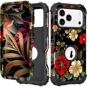 PIXIU Unique Flower Pattern Compatible with iPhone 17 Pro 6.3 inch case,Heavy Duty Dual Layer Shockproof Full-Body Protective Sturdy Hybrid Cute Rugged Case for Women,Girls,Kids-Black Peonies