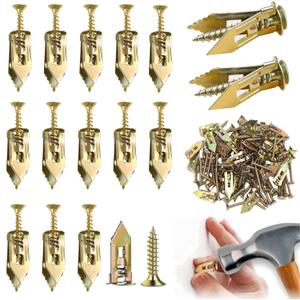 200 Pcs Self Drilling Drywall Anchors with Screws, 100 Sheetrock Anchors (0.47x1.57 Inch) & 100 Zinc Expansion Screws, No Drill Or Holes in Wall, for TV, Shelf Straps, Bike, Cabinets