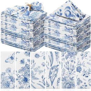 Cloth Napkins 15 x 15 Inch Plants Butterfly Soft Reusable Napkin Country French Cotton Dinner Towel Decorative Washable Towels for Spring Summer Fall Party(Blue White Flower,48 Pcs)