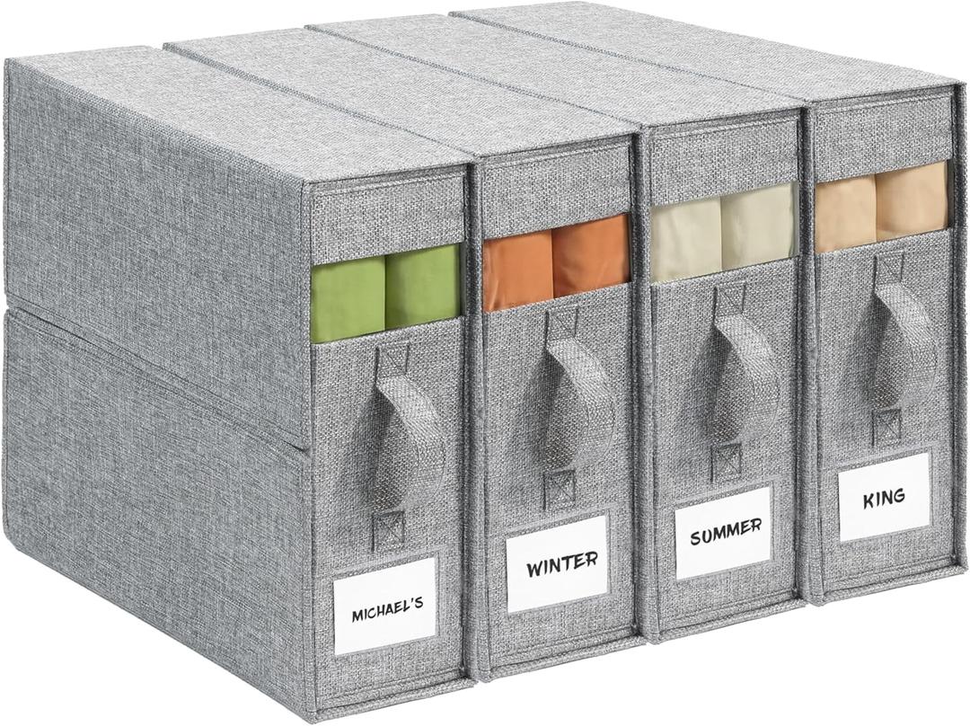 4Pack Sheet Organizers for Linen Closet - King/Queen Size Bedding Storage Boxes with Clear Window, Foldable & Dustproof Linen Organizer for Blankets & Sheet Sets,Grey