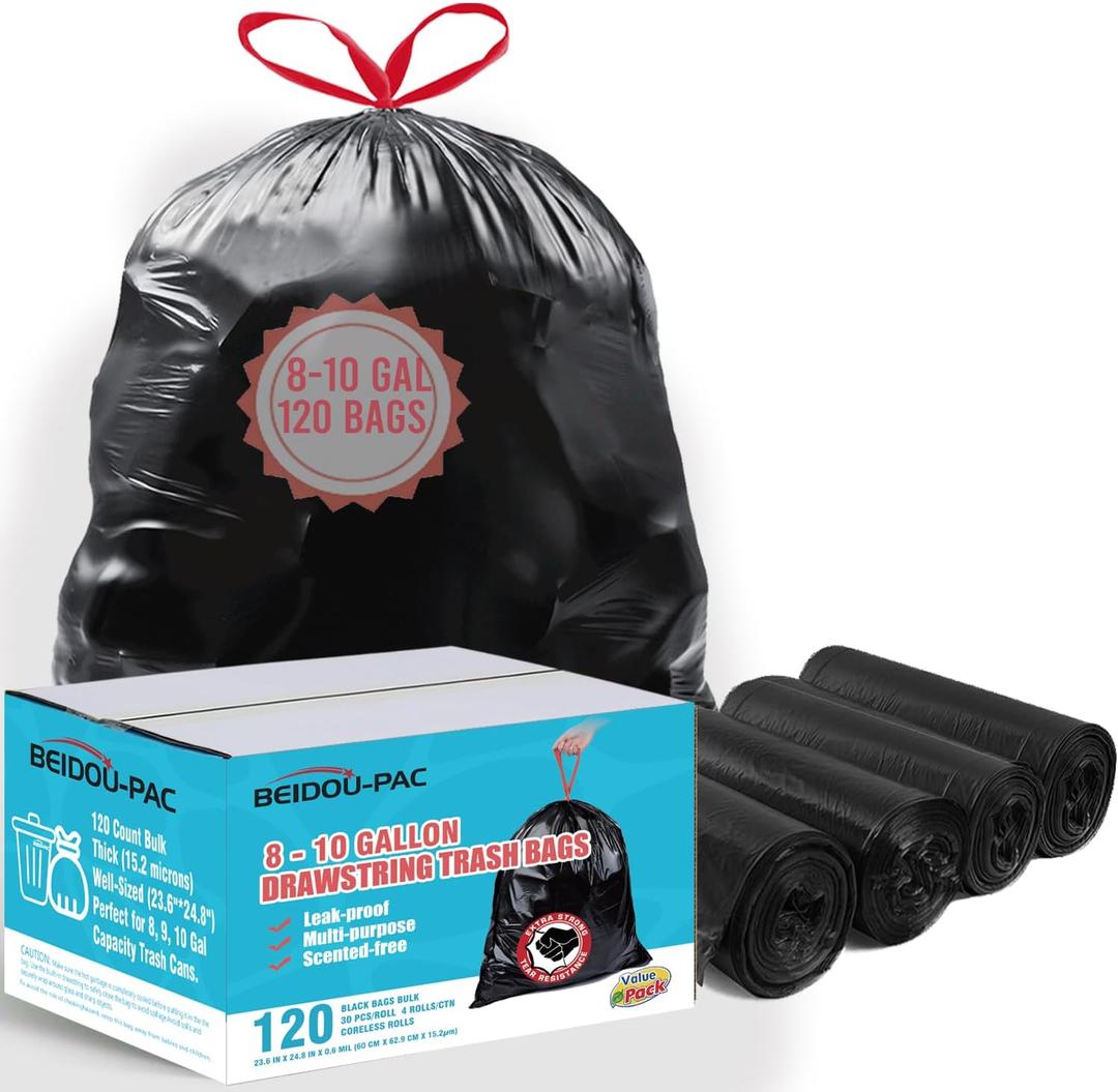 8-10 Gallon Trash Bags Drawstring, 120 Count Bulk, Black & Unscented Multi-purpose Garbage Bags for Business Home Bathroom Kitchen Commercial and Industrial