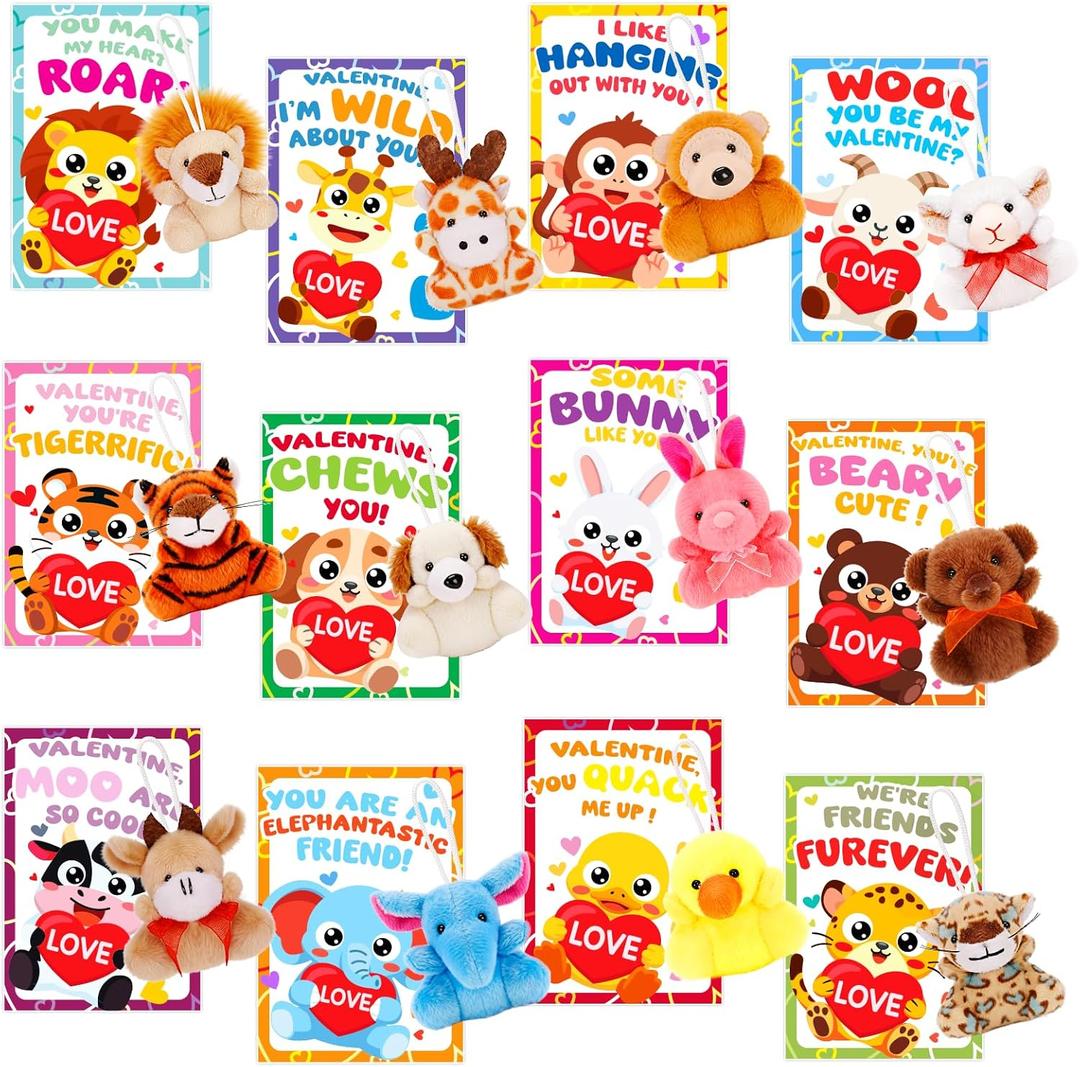 2 x Valentines Day Gifts for Kids Classroom, 24 Pack Valentines Day Cards with Animal Plush Toy, Stuffered Animal Toys for Valentines Gifts Exchange, Kids Valentines Party Favors Supply For Boys Girls