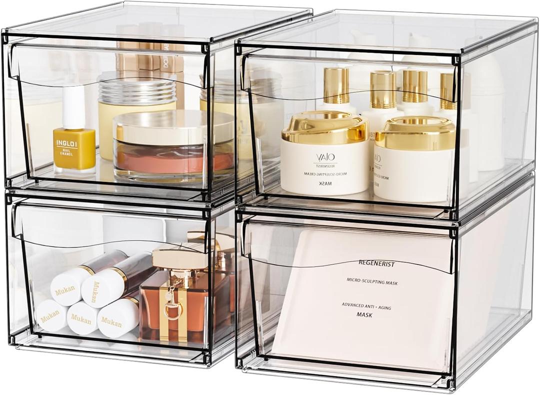 4 Pack Clear Stackable Storage Drawers,4.4'' Tall Acrylic Bathroom Makeup Organizer and Medicine,Baby Bottle Storage Containers Box,Plastic Pull Out Storage Bin for Vanity Countertop,Desk (Pack of 4)