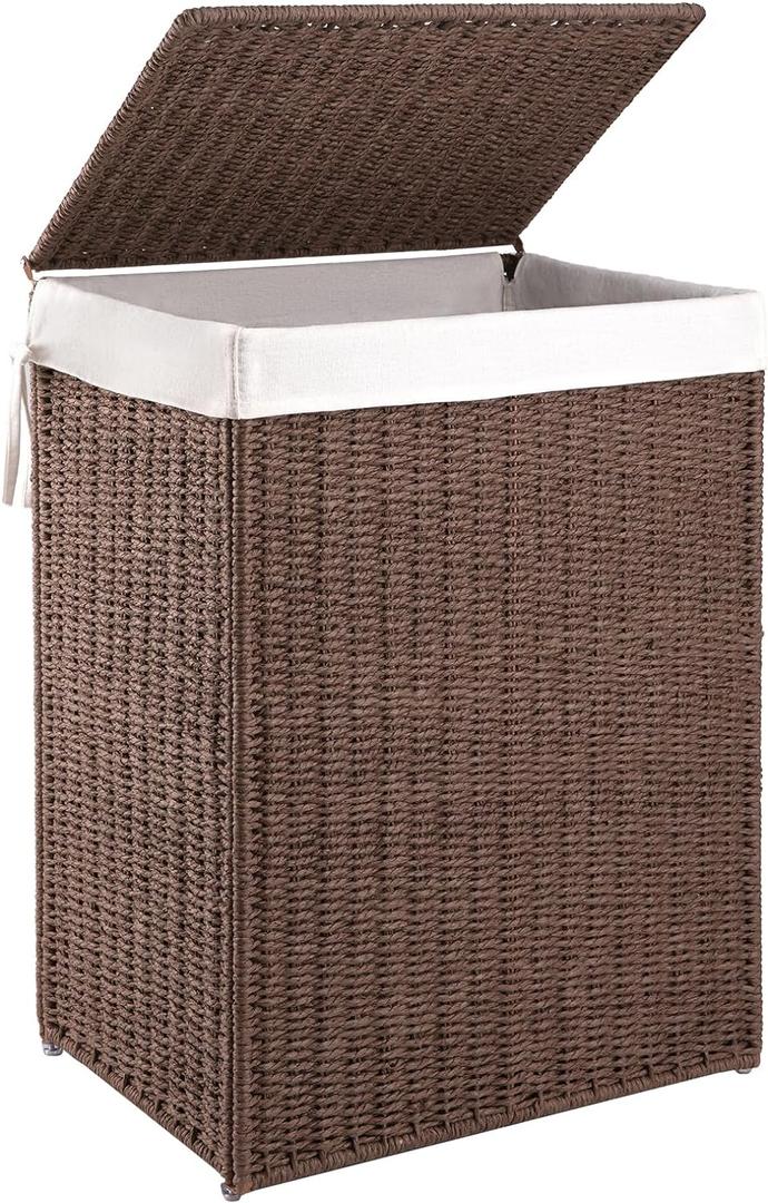 OIAHOMY Laundry Hamper with Lid, 23.8 Gal (90L) Wicker Hamper with Removable Liner Bags, Handwoven Clothes Basket with Handles, Foldable Woven Paper Rope Basket for Laundry Room, Bedroom-Brown
