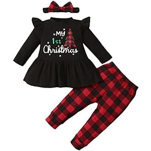 Noubeau My 1st Christmas Baby Girl Outfits Ruffle Santa Tree Print Tunic Drees Shirt Plaid Stripe Pants Fall Clothes, 3-6M