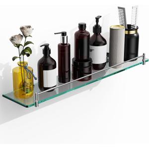 24 Inch Glass Bathroom Shelves,Chrome Polished Floating Shelves for Wall Rectangular Modern Stainless Steel Glass Shelf for Bathroom Shelves Wall Mounted, 24"with railing