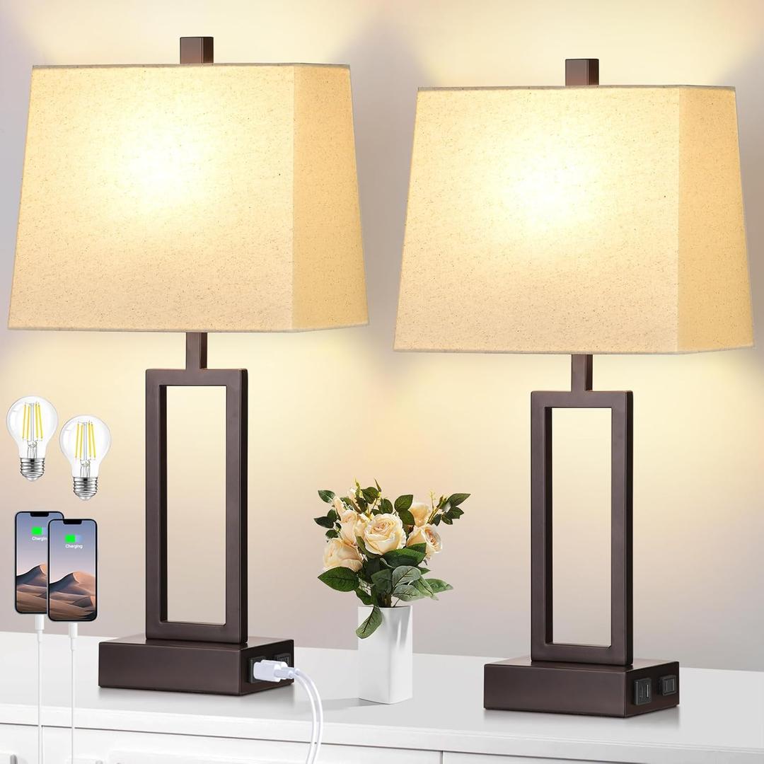23.5" Touch Control Table Lamps, Metal Bedside Lamp for Bedroom Set of 2 with USB A+C Ports & AC Outlet, 3-Way Dimmable Nightstand Lamp for Living Room (LED Bulb Included) (Brown)