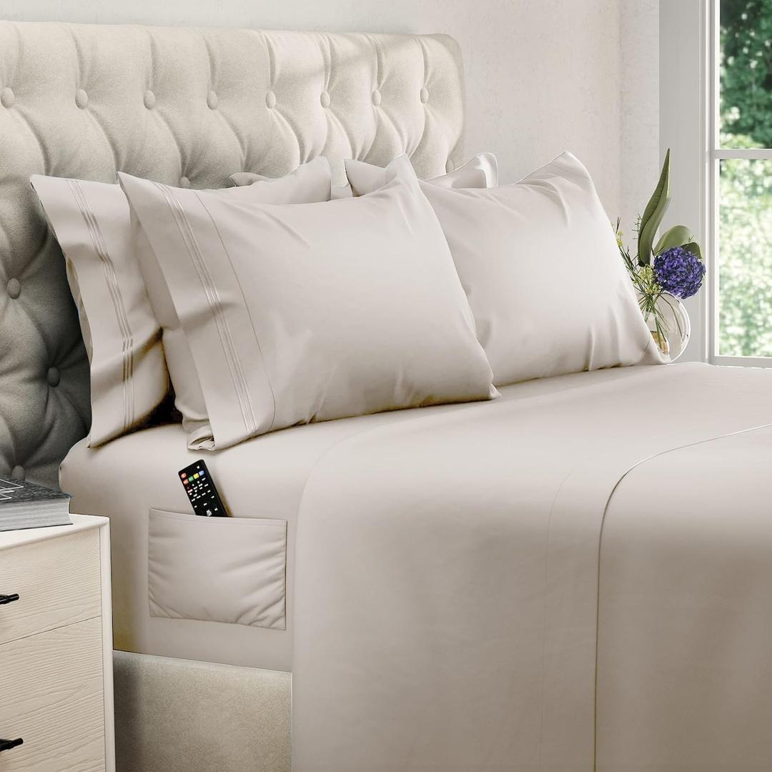 DREAMCARE King Size Sheets Set - 6 pcs Breathable Cooling Bed Sheets - up to 15" Deep Pocket King Sheet Set with Side Pockets - Extra Soft 100% Brushed Hypoallergenic Hotel Luxury Bedding - Beige