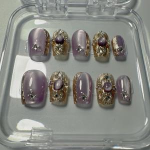 Handmade Short square Press on Nails, Luxury Design Nail Art Kit, Acrylic Fake Nails Kit, Reusable False nails, Include Toolkit, 10pcs, Purple, Size M