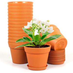 Meowell 6 inch Plastic Nursery Pots, 16 Pack Plant Pots for Indoor Outdoor Plants, Flower Pots with Drainage Holes and Saucers, Decorative Seedling Starter Planters for House Plants, Terracotta