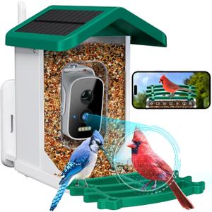 Smart Bird Feeder with Camera Solar Powered, 2.5k HD Video Bird Feeder Auto Capture & AI Identification, Real Time Notifications, Gift for Father, Green