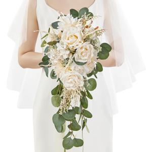 Serwalin 9.8in Wedding Bouquets for Bride, Boho Champagne Roses & Dahlia Flowers for Wedding Decoration