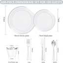 WELLIFE 600 PCS Silver Disposable Dinnerware Set for 100 Guests, Wedding Reception Plates & Silver Plastic Tableware, Dinner & Salad Plates, Cups, Forks, Knives & Spoons for Weddings & Elegant Events