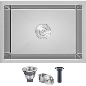 22 inch Undermount Kitchen Sink, 22" x 18" Single Bowl Kitchen Sink Undermount Stainless Steel Handmade Bar Sink with Basket Strainer(Brushed)