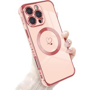 for iPhone 16 Pro Max Magnetic Case, Luxury Cute Love Heart Pattern Plating Edge Case for Women Girls Soft TPU Bumper Anti-Scratch Shockproof Protective Cover for iPhone 16 Pro Max-Pink