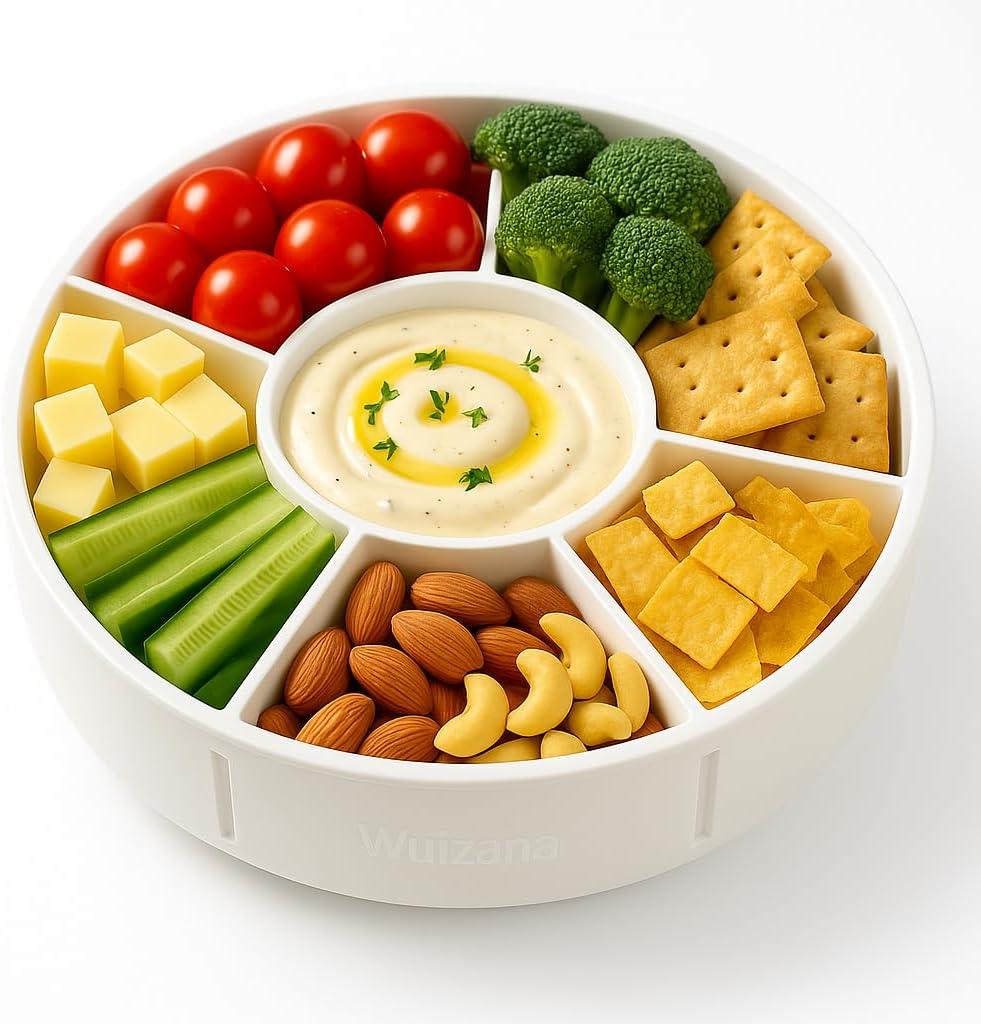 Divided Snack Container with Lid, 6-Compartment Round Snack Box with Handle, Portable Snack Tray for Fruits, Appetizers & Party Snacks, BPA-Free, Microwave & Dishwasher Safe