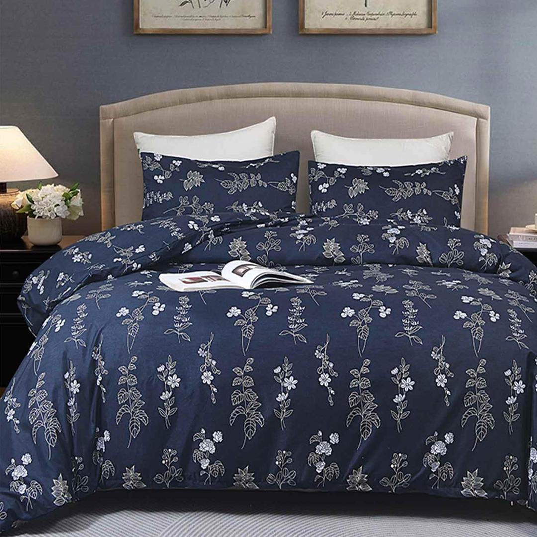 Navy Floral Duvet Cover Queen Size, 3 Pcs Dark Blue Flower Pattern Printed Microfiber Bedding Comforter Cover Set, All Season Blanket Quilt for Women Adult Bed Decor 90x90 inch