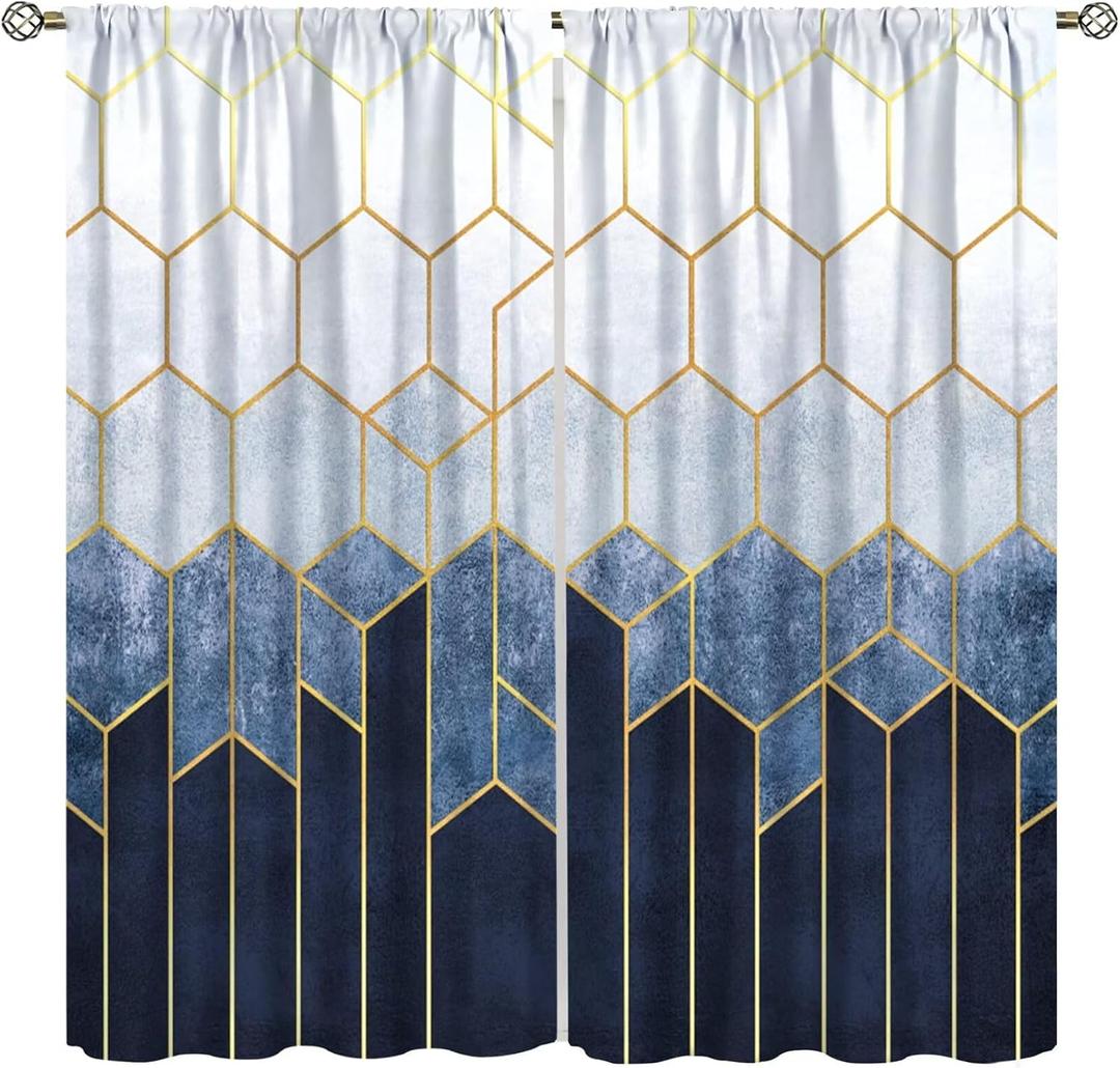 Geometric Marble Curtains, Navy Blue Gold Abstract Geometry Hexagon Pattern Texture Window Treatments for Bedroom Living Room Set 2 Panels,42x45 Inches