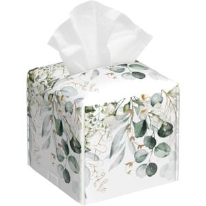 Eucalyptus Leaves and Flowers Tissue Box Cover Square,Watercolor Green Leaves Branches Tissue Box Holder Waterproof Leather Facial Paper Organizer Dispenser for Bathroom Home Car Nightstand Vanity
