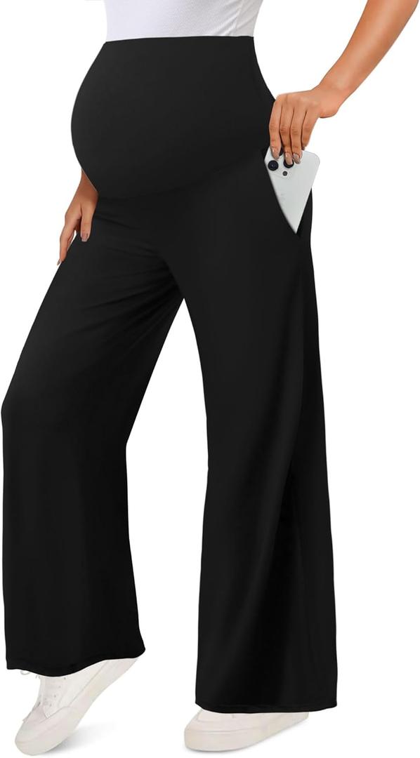 Peauty Buttery Soft Maternity Palazzo Pants Over The Belly, Wide Leg High Waisted Pregnancy Yoga-Pants(XX-Large, Black)