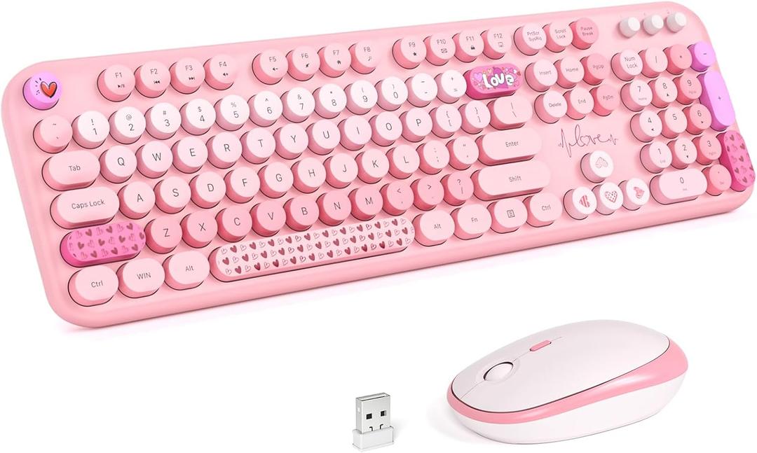 Wireless Keyboard and Mouse Combo - Lovely Pink Rainbow 2.4G Full-Sized Colorful Keyboards, Round Keycap USB Dongle Plug Play Cute Keyboards for Windows, Laptop, PC, Desktop, Mac