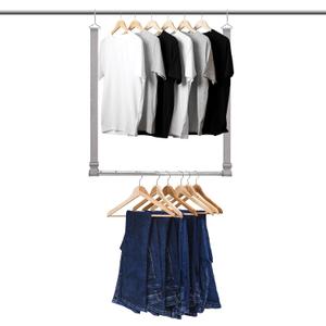 Hanging Closet Rod, 17-28In Width and Up to 32In Height Closet Extender, Double Hanging Bar with Powder-Coated Metal Pole and Adjustable Webbing, Space-Saving Tension Organizer, 1 Pack (Gray)