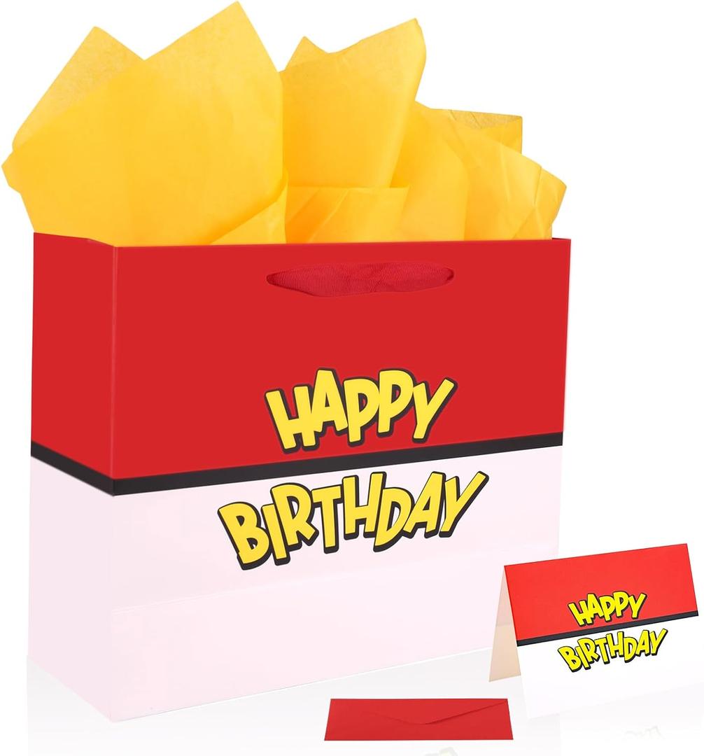 2 x SAVITA Birthday Party Gift Bag Set, Red and White Cartoon Animation Theme Goodie Bag Wrapping Paper Greeting Card Envelope for Kids Birthday Party Decoration Supplies