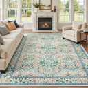 Lofus 9x12 Floral Living Room Rug, Washable Large Area Rugs Non Slip Low Pile, Boho Carpet for Kitchen Bedroom Dining Room Home Office, Vintage Farmhouse Forest-Themed Area Rugs, White Green Orange