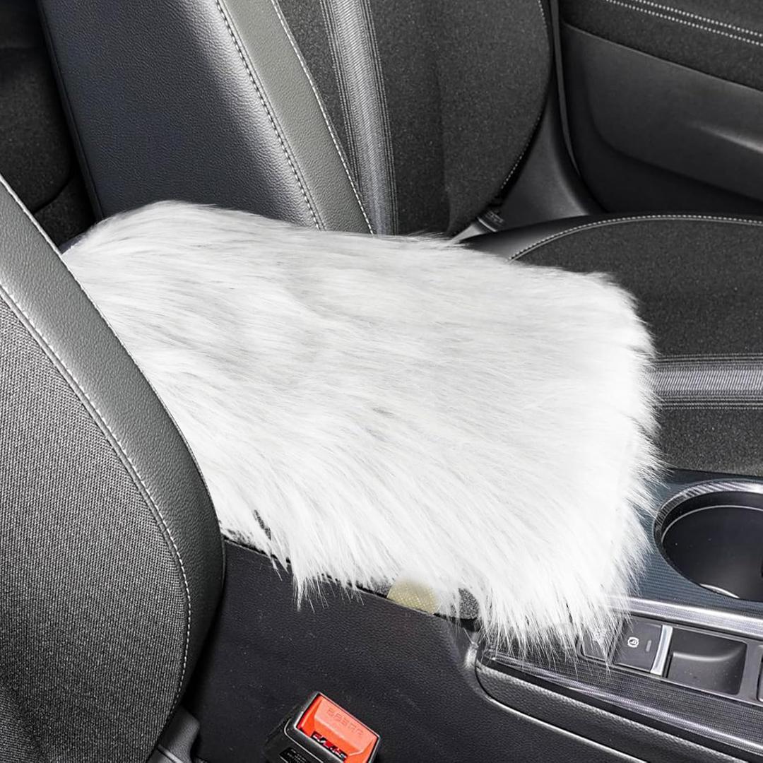 wuyaoyao Furry Car Armrest Cover, 12.1"6.4" Soft Plush Car Center Console Cover, Winter Warm Fluffy Arm Rest Cover for Car, Auto Armrest Box Cover Protector, Universal Middle Console Pad (White)