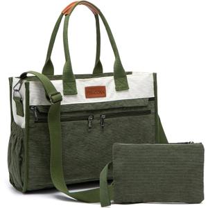 Corduroy Tote Bag for Women 2Pcs Set, 14-Pocket Lightweight Laptop Work Tote, Teacher & College Travel Crossbody Bag