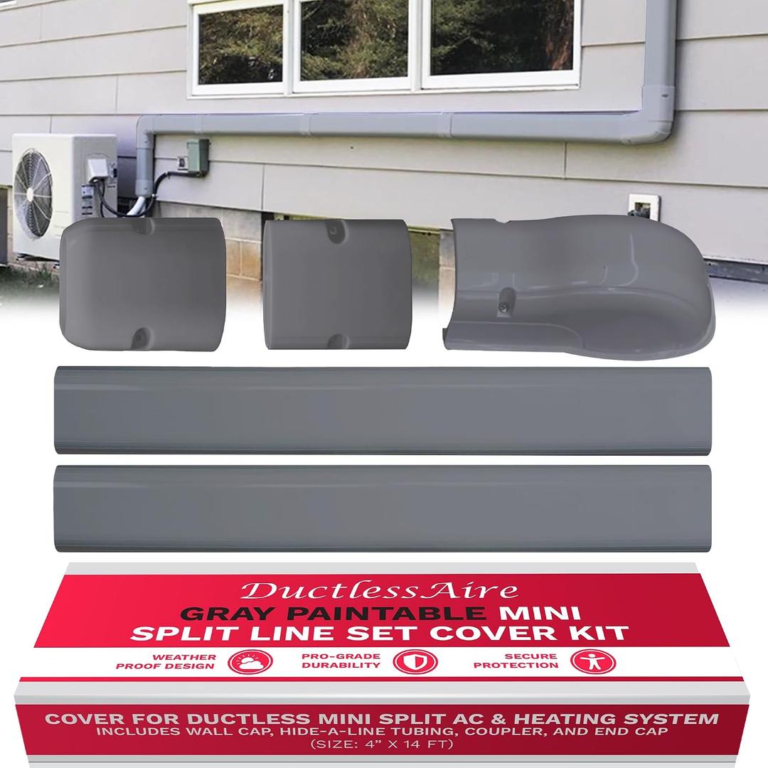DuctlessAire Mini Split Line Set Cover Kit - Paintable Lineset Cover - Line Set Covers for Ductless Air Conditioner, Mini Split AC/Heating System, HVAC, Central AC Unit, Heat Pump (Gray, 4" x 14 ft.)