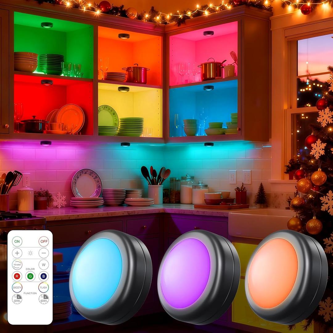 Yiliaw 3 Pack LED Puck Lights Remote Control 16 Color Changeable Under Cabinet Lights, Battery Operated Lights Night Light with Dimmer & Timmer for Closet Bedroom Kitchen, Black