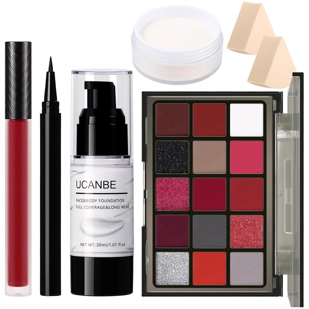 UCANBE Red Halloween Makeup Kit  Clown Vampire Joker Demon Makeup Set for SFX Costume Cosplay with Eyeshadow Palette, White Foundation, Red Liquid, Black Eyeliner, Setting Powder & Sponges