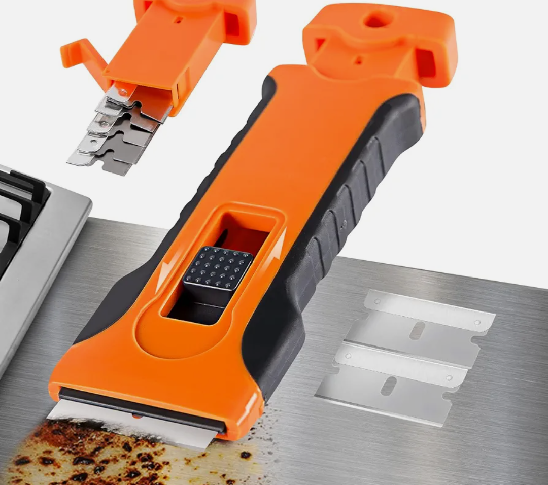Razor Blade Scraper Tool with 2pcs Extra Blades,Retractable Blade Scraper & Integrated Spare Blade Storage,Cleaning Razor Scraper Tool for Cooktop, Windows, Decals, Stickers, Labels & Paint Removal