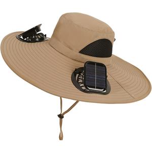 Sun Hat with 2 Detachable Solar Fans, USB Charging Wide Brim Bucket Fan Hat, Strong Wind, Sun Protection for Fishing Summer (Khaki)