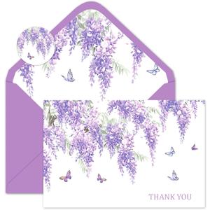 FYSUIMU 24 Pcs Purple Floral Butterfly Thank You Cards Greeting Cards with Envelopes Stickers Lavender Fill in Blank Note Card for Spring Summer Wedding Bridal Baby Shower Birthday Party, 4 x 6 Inch