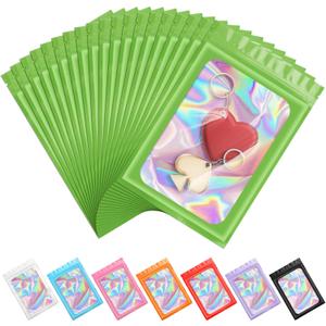 100 Pieces Smell Proof Mylar Resealable Bags, Holographic Packaging Bags Odor Foil Pouch Zip Bags with Clear Window for Food Storage Easter Candy Lipgloss, Jewelry Lash (Green, 4.3 x 7.5 Inch)