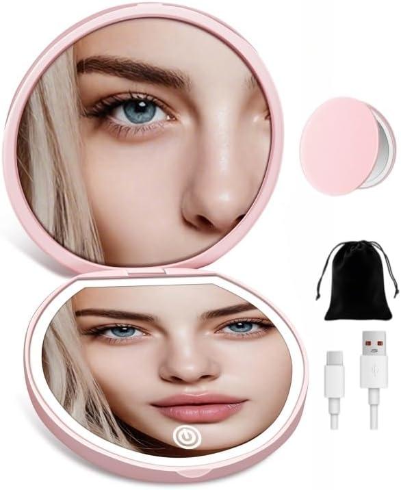 Compact Mirror with Light, Rechargeable 40X Magnifying Mirror with 3 Lighting Modes & Dimmable Brightness, Portable Travel Makeup Mirror; Essentials for Travel, Pocket, Purse Gifts Pink